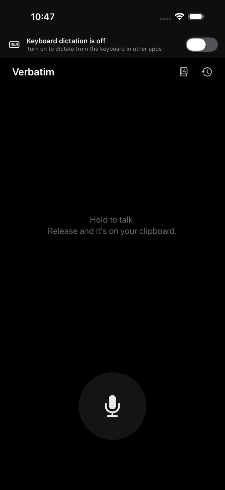 Verbatim's home screen on iPhone: hold to talk, release and it's on your clipboard