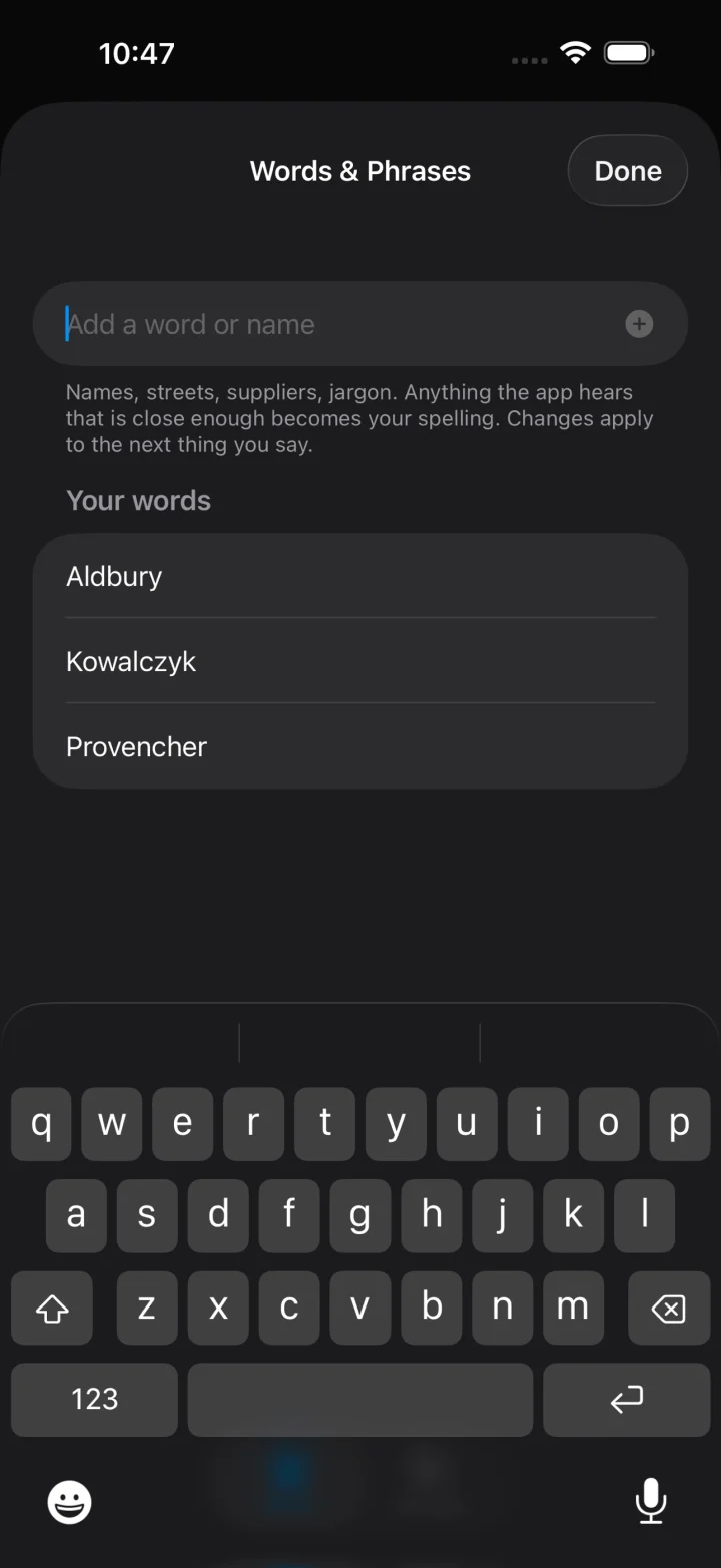 Verbatim's Words list on iPhone, with the names Aldbury, Kowalczyk and Provencher